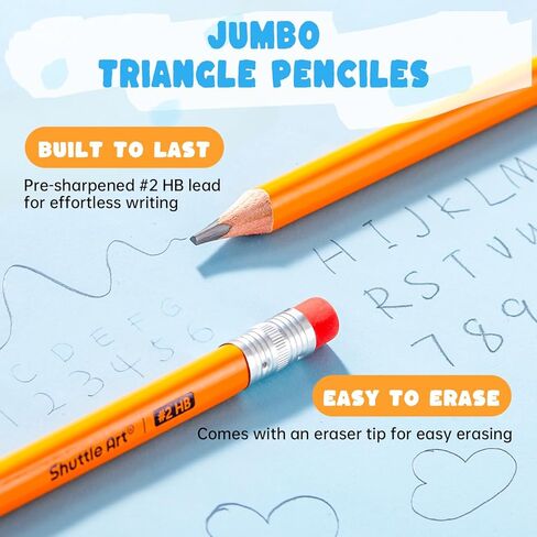 Shuttle Art Jumbo Pencils - 18 Pack Triangle Pre sharpened Pencils #2 HB with Top Erasers & Sharpener, for kids Ages 4-8, Kindergarten School Supplies, Ideal for Home, Classroom in Saudi Arabia