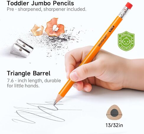 Shuttle Art Jumbo Pencils - 18 Pack Triangle Pre sharpened Pencils #2 HB with Top Erasers & Sharpener, for kids Ages 4-8, Kindergarten School Supplies, Ideal for Home, Classroom in Saudi Arabia