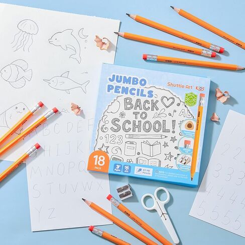 Shuttle Art Jumbo Pencils - 18 Pack Triangle Pre sharpened Pencils #2 HB with Top Erasers & Sharpener, for kids Ages 4-8, Kindergarten School Supplies, Ideal for Home, Classroom in Saudi Arabia