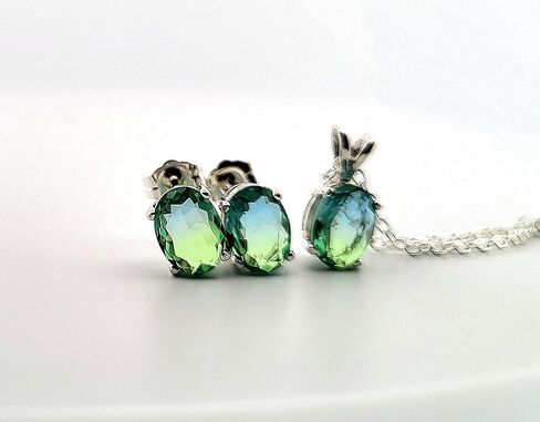 Oval Blue & Green Tourmaline sterling الفضة الفضية حرك/قلادة مجموعة 3OBGTSSENSLG in Saudi Arabia