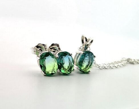 Oval Blue & Green Tourmaline sterling الفضة الفضية حرك/قلادة مجموعة 3OBGTSSENSLG in Saudi Arabia