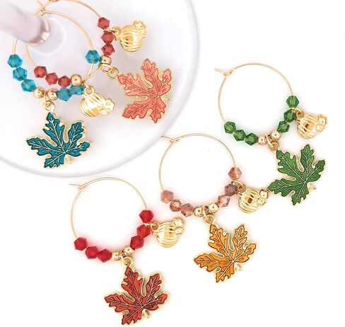 Thanksgiving Wine Charms, Halloween Wine Charms, Fall Leaves Wine Charms, Glass Tag Identifiers, Halloween Wine Charms, Halloween, Thanksgiving Glass Markers (Fall Leaf (5 pack on silver wine rings)) in Kuwait