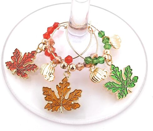 Thanksgiving Wine Charms, Halloween Wine Charms, Fall Leaves Wine Charms, Glass Tag Identifiers, Halloween Wine Charms, Halloween, Thanksgiving Glass Markers (Fall Leaf (5 pack on silver wine rings)) in Kuwait