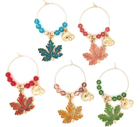 Thanksgiving Wine Charms, Halloween Wine Charms, Fall Leaves Wine Charms, Glass Tag Identifiers, Halloween Wine Charms, Halloween, Thanksgiving Glass Markers (Fall Leaf (5 pack on silver wine rings)) in Kuwait