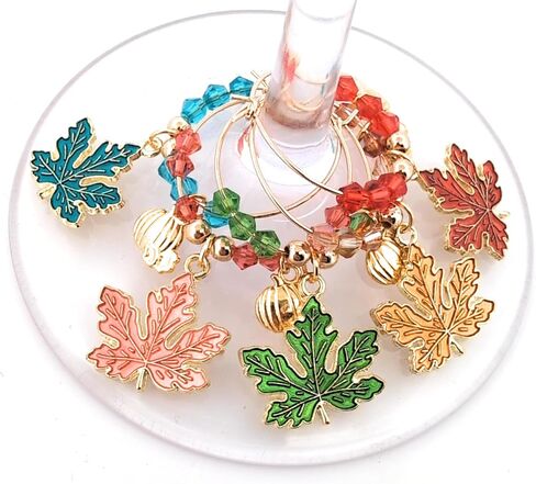 Thanksgiving Wine Charms, Halloween Wine Charms, Fall Leaves Wine Charms, Glass Tag Identifiers, Halloween Wine Charms, Halloween, Thanksgiving Glass Markers (Fall Leaf (5 pack on silver wine rings)) in Kuwait