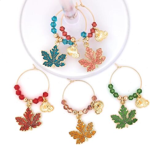 Thanksgiving Wine Charms, Halloween Wine Charms, Fall Leaves Wine Charms, Glass Tag Identifiers, Halloween Wine Charms, Halloween, Thanksgiving Glass Markers (Fall Leaf (5 pack on silver wine rings)) in Kuwait
