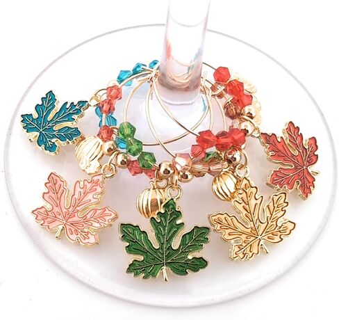Thanksgiving Wine Charms, Halloween Wine Charms, Fall Leaves Wine Charms, Glass Tag Identifiers, Halloween Wine Charms, Halloween, Thanksgiving Glass Markers (Fall Leaf (5 pack on silver wine rings)) in Kuwait