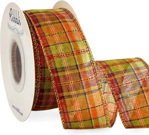Ribbli Fall Burlap Wired Ribbon with Gold Foil, 1.5 Inch x 10 Yard,Plaid Ribbon,Check Ribbon for Big Bow,Fall Wreath,Gift Wrapping, Copper/Burgundy/Brown in Saudi Arabia