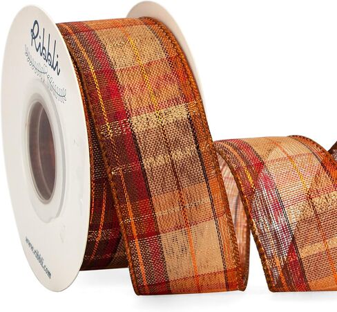 Ribbli Fall Burlap Wired Ribbon with Gold Foil, 1.5 Inch x 10 Yard,Plaid Ribbon,Check Ribbon for Big Bow,Fall Wreath,Gift Wrapping, Copper/Burgundy/Brown in Saudi Arabia