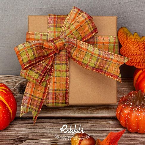 Ribbli Fall Burlap Wired Ribbon with Gold Foil, 1.5 Inch x 10 Yard,Plaid Ribbon,Check Ribbon for Big Bow,Fall Wreath,Gift Wrapping, Copper/Burgundy/Brown in Saudi Arabia