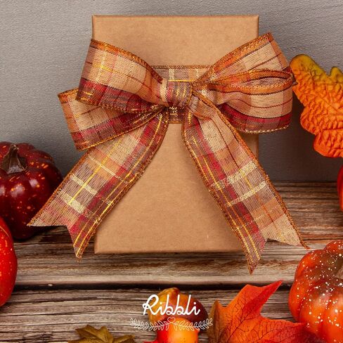Ribbli Fall Burlap Wired Ribbon with Gold Foil, 1.5 Inch x 10 Yard,Plaid Ribbon,Check Ribbon for Big Bow,Fall Wreath,Gift Wrapping, Copper/Burgundy/Brown in Saudi Arabia