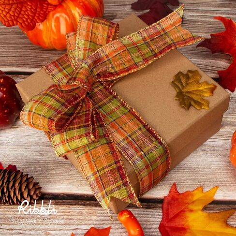 Ribbli Fall Burlap Wired Ribbon with Gold Foil, 1.5 Inch x 10 Yard,Plaid Ribbon,Check Ribbon for Big Bow,Fall Wreath,Gift Wrapping, Copper/Burgundy/Brown in Saudi Arabia