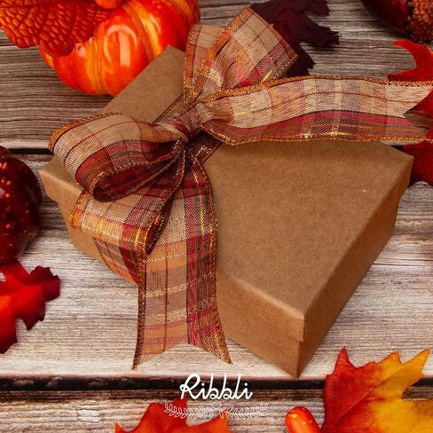 Ribbli Fall Burlap Wired Ribbon with Gold Foil, 1.5 Inch x 10 Yard,Plaid Ribbon,Check Ribbon for Big Bow,Fall Wreath,Gift Wrapping, Copper/Burgundy/Brown in Saudi Arabia