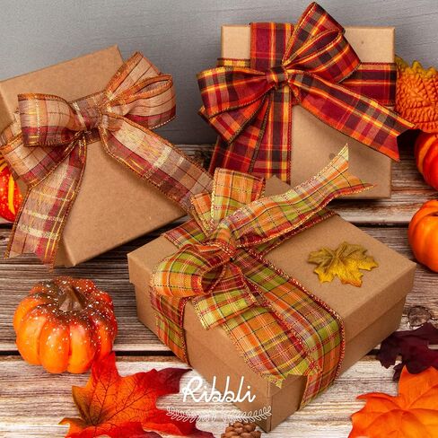 Ribbli Fall Burlap Wired Ribbon with Gold Foil, 1.5 Inch x 10 Yard,Plaid Ribbon,Check Ribbon for Big Bow,Fall Wreath,Gift Wrapping, Copper/Burgundy/Brown in Saudi Arabia