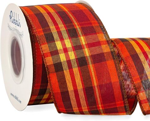 Ribbli Fall Burlap Wired Ribbon with Gold Foil, 1.5 Inch x 10 Yard,Plaid Ribbon,Check Ribbon for Big Bow,Fall Wreath,Gift Wrapping, Copper/Burgundy/Brown in Saudi Arabia