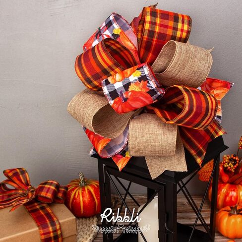Ribbli Fall Burlap Wired Ribbon with Gold Foil, 1.5 Inch x 10 Yard,Plaid Ribbon,Check Ribbon for Big Bow,Fall Wreath,Gift Wrapping, Copper/Burgundy/Brown in Saudi Arabia