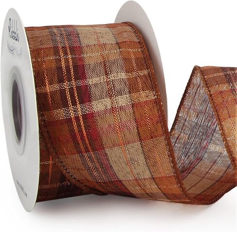 Ribbli Fall Burlap Wired Ribbon with Gold Foil, 1.5 Inch x 10 Yard,Plaid Ribbon,Check Ribbon for Big Bow,Fall Wreath,Gift Wrapping, Copper/Burgundy/Brown in Saudi Arabia