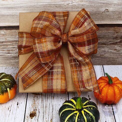Ribbli Fall Burlap Wired Ribbon with Gold Foil, 1.5 Inch x 10 Yard,Plaid Ribbon,Check Ribbon for Big Bow,Fall Wreath,Gift Wrapping, Copper/Burgundy/Brown in Saudi Arabia