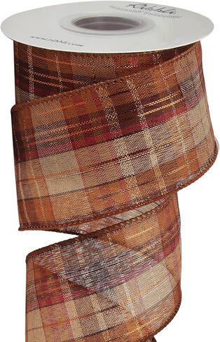 Ribbli Fall Burlap Wired Ribbon with Gold Foil, 1.5 Inch x 10 Yard,Plaid Ribbon,Check Ribbon for Big Bow,Fall Wreath,Gift Wrapping, Copper/Burgundy/Brown in Saudi Arabia