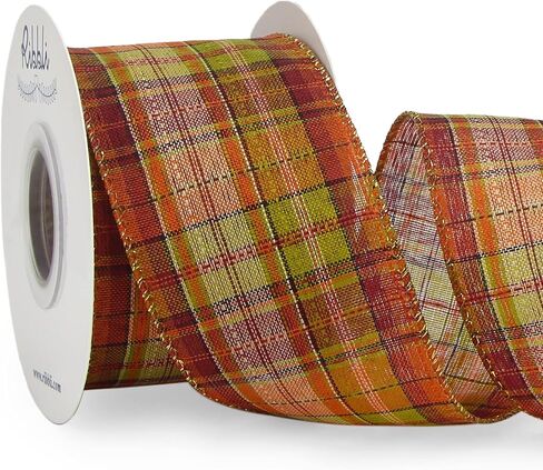 Ribbli Fall Burlap Wired Ribbon with Gold Foil, 1.5 Inch x 10 Yard,Plaid Ribbon,Check Ribbon for Big Bow,Fall Wreath,Gift Wrapping, Copper/Burgundy/Brown in Saudi Arabia