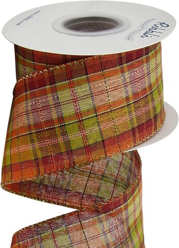 Ribbli Fall Burlap Wired Ribbon with Gold Foil, 1.5 Inch x 10 Yard,Plaid Ribbon,Check Ribbon for Big Bow,Fall Wreath,Gift Wrapping, Copper/Burgundy/Brown in Saudi Arabia