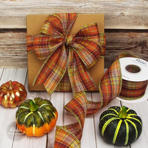Ribbli Fall Burlap Wired Ribbon with Gold Foil, 1.5 Inch x 10 Yard,Plaid Ribbon,Check Ribbon for Big Bow,Fall Wreath,Gift Wrapping, Copper/Burgundy/Brown in Saudi Arabia