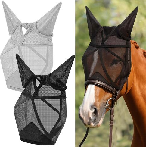 2 PCS Horse Fly Mask مع آذان قابلة للتعديل UV Protection Horse Fly Mask Accessories مساحة كبيرة للعين مع آذان لصيف الخيول والأسود والرمادي ، L. in Kuwait
