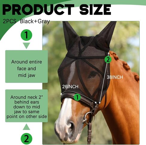 2 PCS Horse Fly Mask مع آذان قابلة للتعديل UV Protection Horse Fly Mask Accessories مساحة كبيرة للعين مع آذان لصيف الخيول والأسود والرمادي ، L. in Kuwait