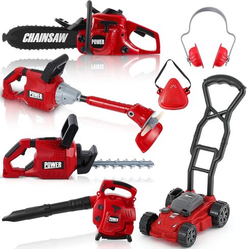 7 Pcs Toy Leaf Blower Lawn Trimmer Toy Chainsaw Lawn Cutter Push Lawn Mower Set Battery Set with Masks and Earmuffs Gardening Tool Set Toy Gardening Equipment for Christmas in Saudi Arabia