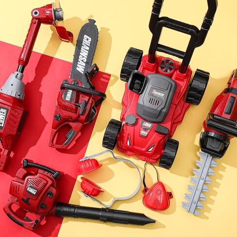7 Pcs Toy Leaf Blower Lawn Trimmer Toy Chainsaw Lawn Cutter Push Lawn Mower Set Battery Set with Masks and Earmuffs Gardening Tool Set Toy Gardening Equipment for Christmas in Saudi Arabia