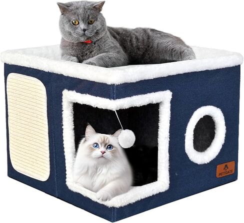 Cat Beds for Indoor Cats, Large Cat Cave Bed with Scratch Pad and Fluffy Ball, Foldable Cat Hideaway, Cat House with Reversible Cushion for Multi Small Pet Up to 30LBS, Grey in Kuwait