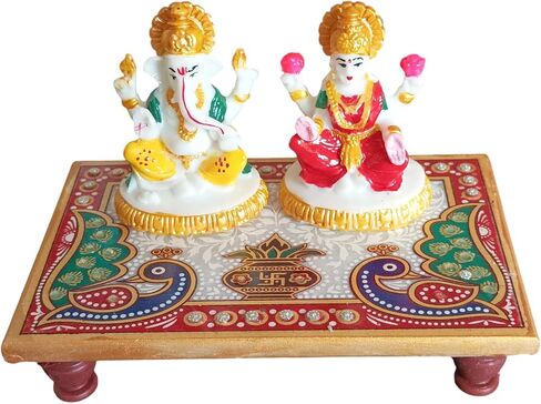 الرخام الأبيض Laxmi Ganesh Idol مع Multicolor Chowki | تمثال رخامي مصنوع يدويًا للمنزل المعبد والديكور الاحتفالي in Saudi Arabia