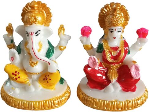 الرخام الأبيض Laxmi Ganesh Idol مع Multicolor Chowki | تمثال رخامي مصنوع يدويًا للمنزل المعبد والديكور الاحتفالي in Saudi Arabia