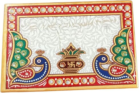 الرخام الأبيض Laxmi Ganesh Idol مع Multicolor Chowki | تمثال رخامي مصنوع يدويًا للمنزل المعبد والديكور الاحتفالي in Saudi Arabia