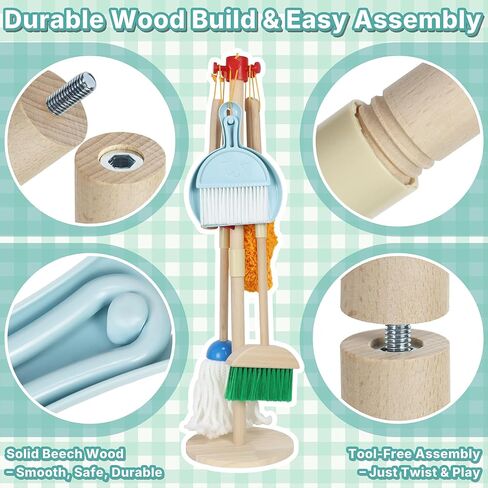 مجموعة تنظيف الأطفال Wooden-Play Play Housekeeping Kit مع Broom ، Mop ، Duster ، Dustpan ، Brushes ، Rag & Stand-Montessori Cleaning Toys Gift for Toddlers Age 3-6 in Saudi Arabia