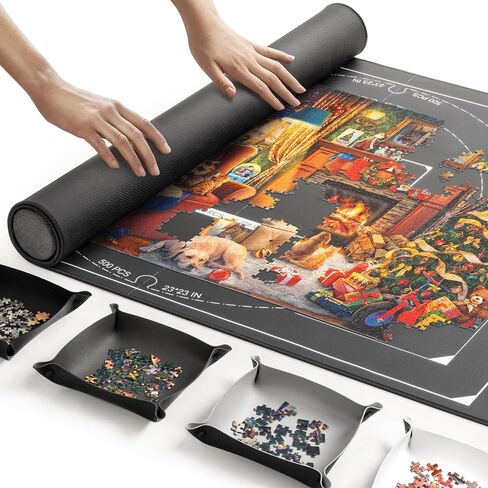ropoda 1500 Pieces 46" x 26 "Puzzle Mat Roll Up, Puzzle Saver with 4 Large Sorting Trays & Travel Storage Bag, Portable Rollup Puzzles Keeper (Black) in Kuwait