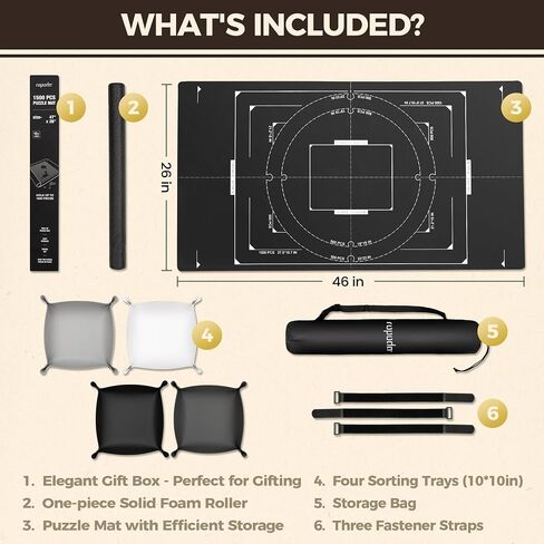 ropoda 1500 Pieces 46" x 26 "Puzzle Mat Roll Up, Puzzle Saver with 4 Large Sorting Trays & Travel Storage Bag, Portable Rollup Puzzles Keeper (Black) in Kuwait