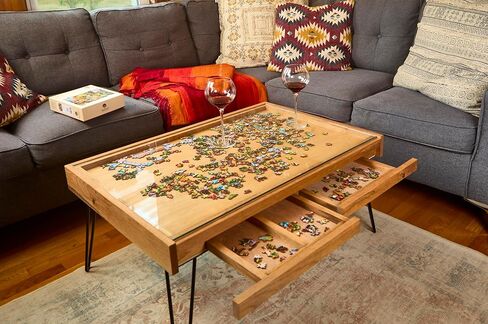 Rustic Puzzle Coffee Table with Removable Glass top - Includes 2 Hidden Drawers - 24x36. 100% Made in The USA in Saudi Arabia