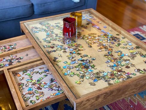 Rustic Puzzle Coffee Table with Removable Glass top - Includes 2 Hidden Drawers - 24x36. 100% Made in The USA in Saudi Arabia
