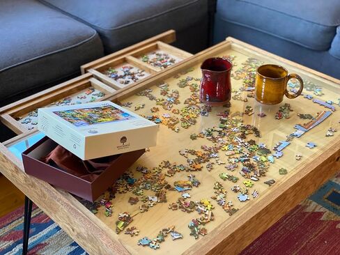 Rustic Puzzle Coffee Table with Removable Glass top - Includes 2 Hidden Drawers - 24x36. 100% Made in The USA in Saudi Arabia