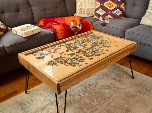 Rustic Puzzle Coffee Table with Removable Glass top - Includes 2 Hidden Drawers - 24x36. 100% Made in The USA in Saudi Arabia