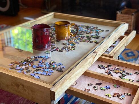Rustic Puzzle Coffee Table with Removable Glass top - Includes 2 Hidden Drawers - 24x36. 100% Made in The USA in Saudi Arabia
