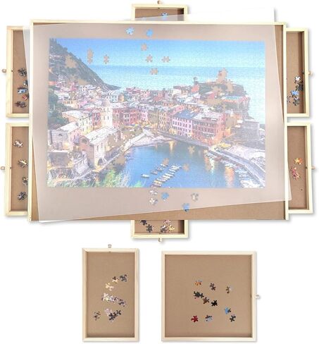 لوحة الألغاز ، Wood City 1500 قطعة ألغاز خشبية بانوراما مع أدراج ، طاولة ألغاز محمولة 35 "× 27" مع أغلفة ، طاولة ألغاز بانوراما دوارة للأطفال والبالغين in Kuwait
