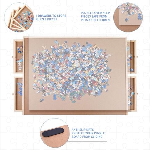 لوحة الألغاز ، Wood City 1500 قطعة ألغاز خشبية بانوراما مع أدراج ، طاولة ألغاز محمولة 35 "× 27" مع أغلفة ، طاولة ألغاز بانوراما دوارة للأطفال والبالغين in Kuwait