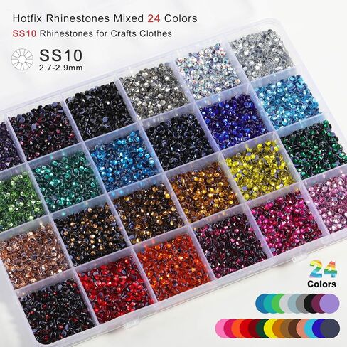 Hotfix Rhinestones Mixed 24 Colors, SS10 Rhinestones for Crafts Clothes, Hotfix Crystals with 1 Tweezers, 1 Wax Pencil and 1 Spoon in Saudi Arabia