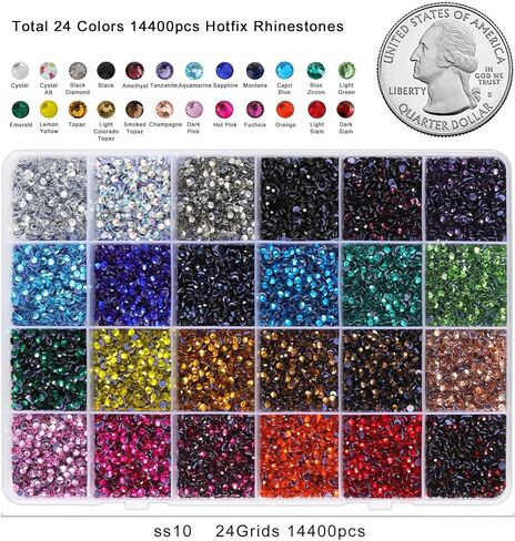 Hotfix Rhinestones Mixed 24 Colors, SS10 Rhinestones for Crafts Clothes, Hotfix Crystals with 1 Tweezers, 1 Wax Pencil and 1 Spoon in Saudi Arabia