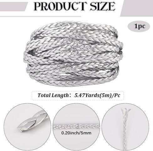 GORGECRAFT 5.5 Yard Metallic Braided Leather Cord String Rope Folded 5mm Silver Flat PU Leather Rope with 3 Strands Leatherette Braiding String Thread for DIY Crafts Bracelet Necklace Jewelry Making in Saudi Arabia