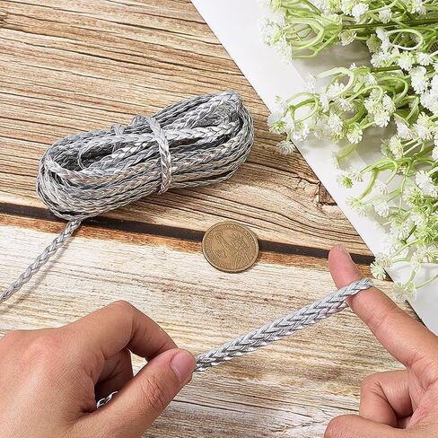 GORGECRAFT 5.5 Yard Metallic Braided Leather Cord String Rope Folded 5mm Silver Flat PU Leather Rope with 3 Strands Leatherette Braiding String Thread for DIY Crafts Bracelet Necklace Jewelry Making in Saudi Arabia