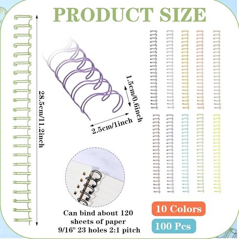 100 Pcs Binding Wire Double Loop Wire Binding Spines Double Loop Binding Wire, 9/16" Cinch Binding Wires Double Spiral Binding Ring Coil 10 Colors 23 Holes 2: 1 Pitch Cinch Binding Machine Wire in Saudi Arabia