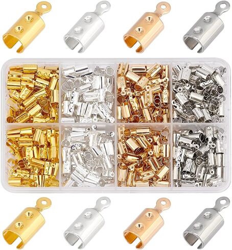 PH Pandahall 400pcs 4 ألوان طية على نهايات الحبل الحديد نهايات 4.5 مم محترات تجعيد النصائح نهاية المشابك الشريط الجلدية تغطي مقاطع الحبل المشابك لمجوهرات السوار DIY Making Craft in Saudi Arabia